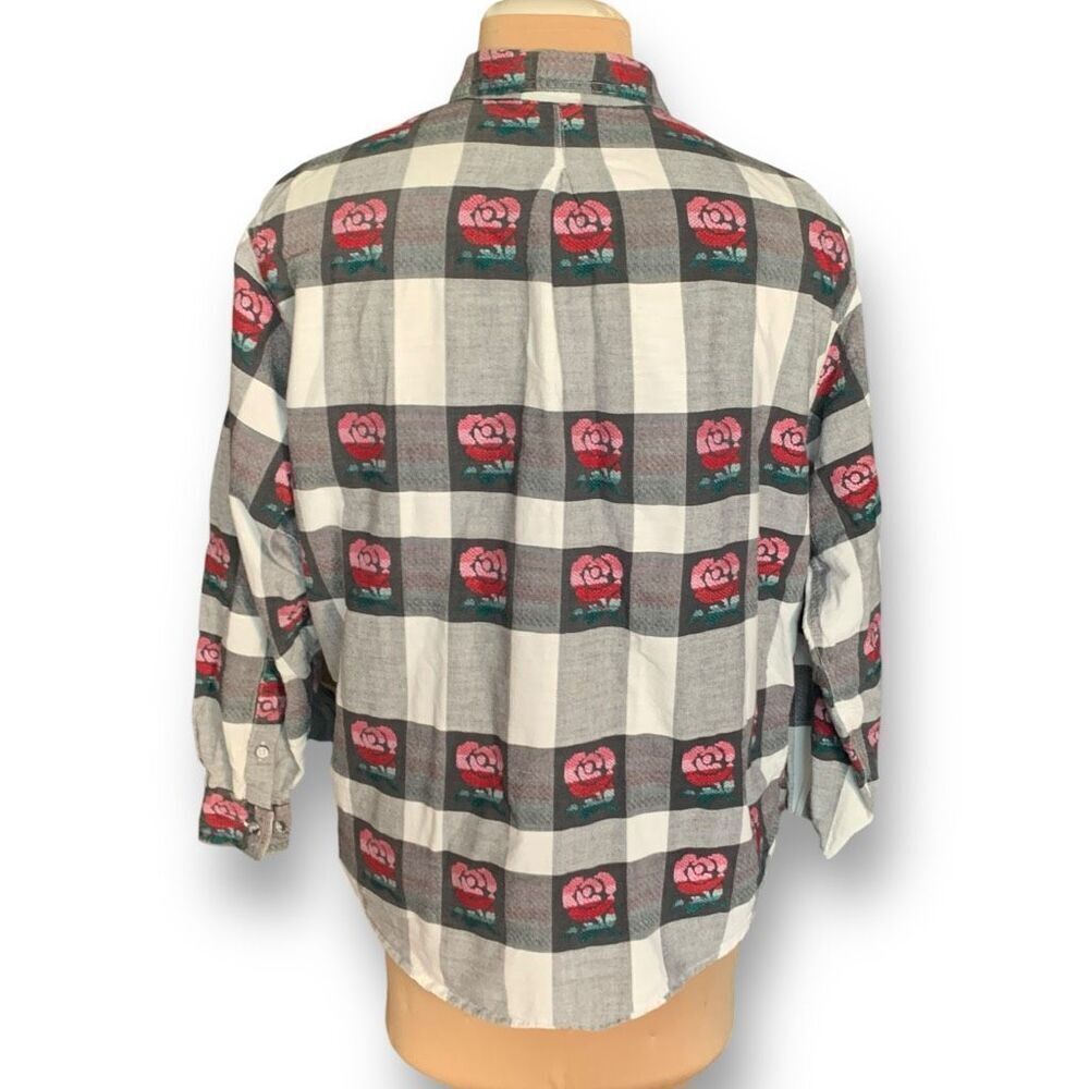 Vintage Shirt Black Oversized White Checkered Plaid Embroidered Dark Floral - Picture 4 of 12